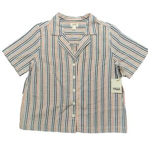 a.n.a Women Small Multi Stripe Button Up Short Sleeve Cotton Rayon Blend Top NEW